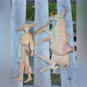 Southwest Donkey & Man Sexton Cast Iron Metal Leather Art Wall Decor Burro 1970
